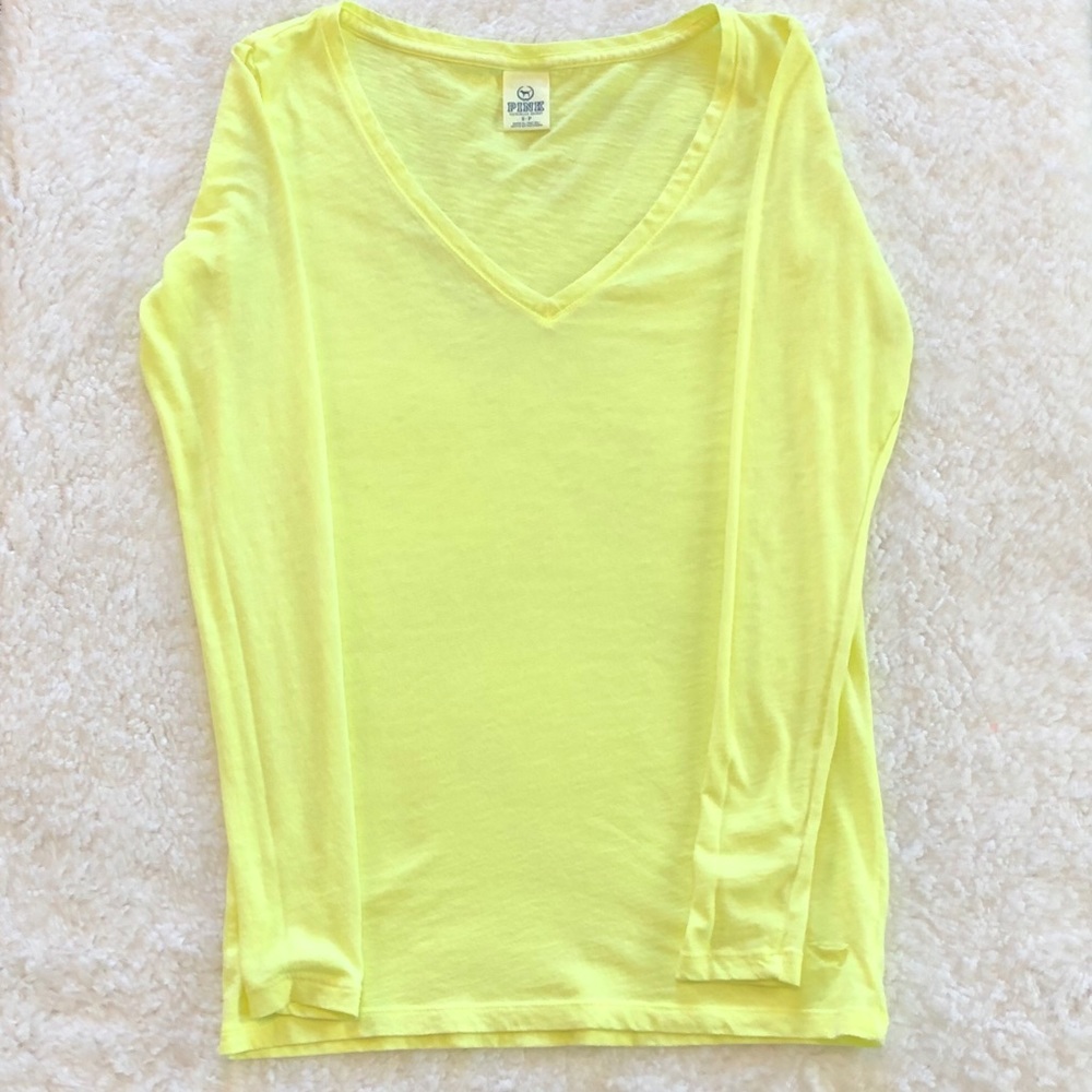 VS Pink Top Neon Yellow Sheer Long Sleeve